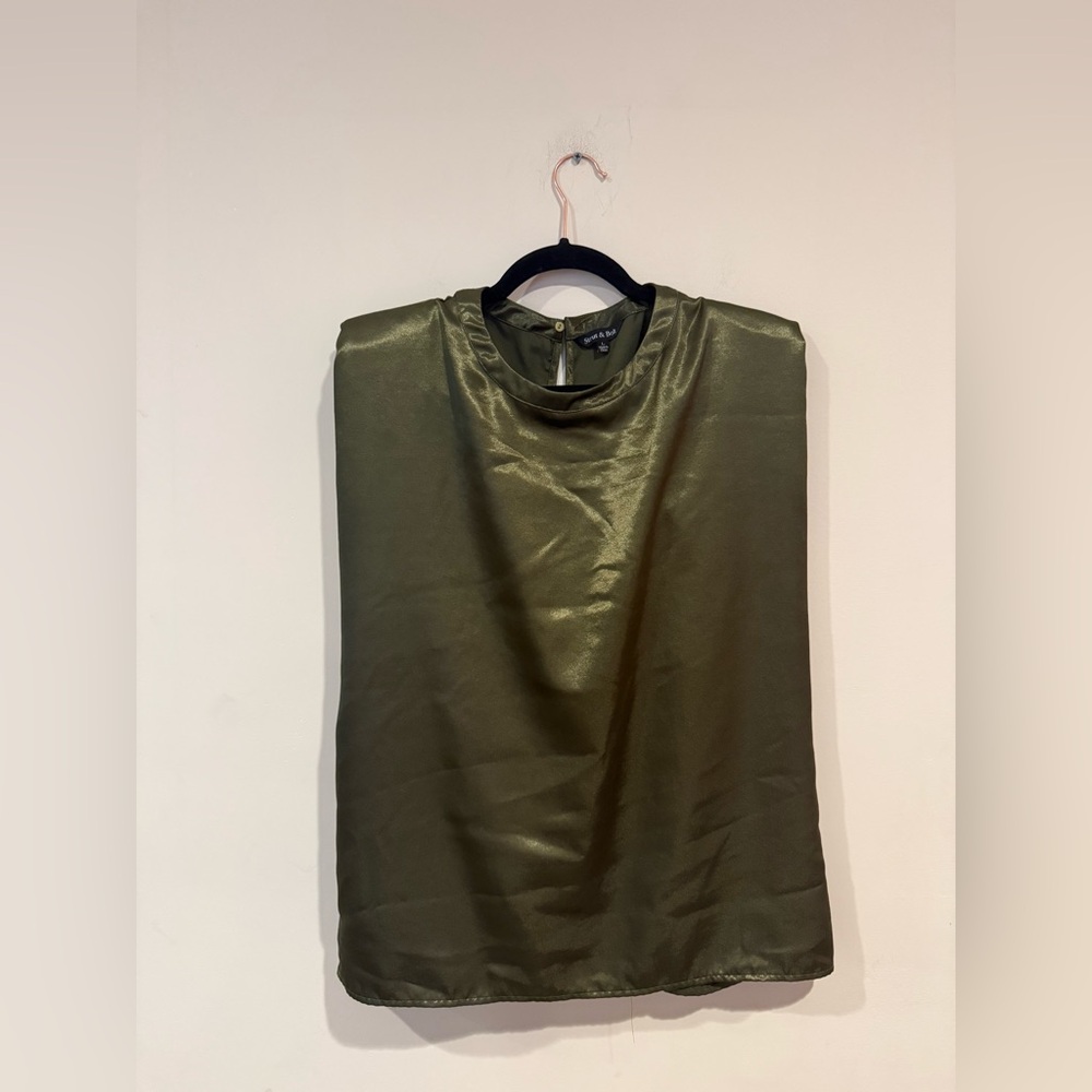 Olive Green Satin Muscle Tank w Shoulder Pads